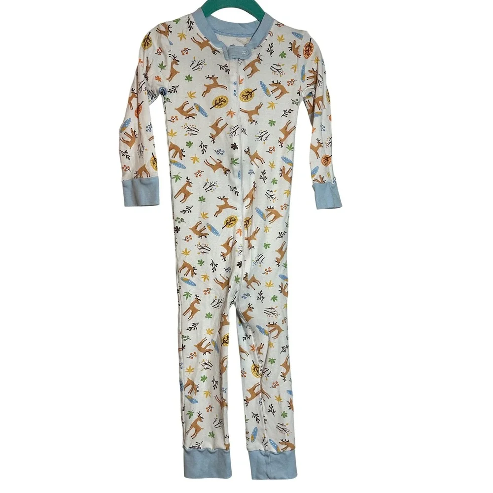 Magnolia Baby 3T Pima Cotton Deer Woodland Print Zipper Pajama Sleeper Blue Trim